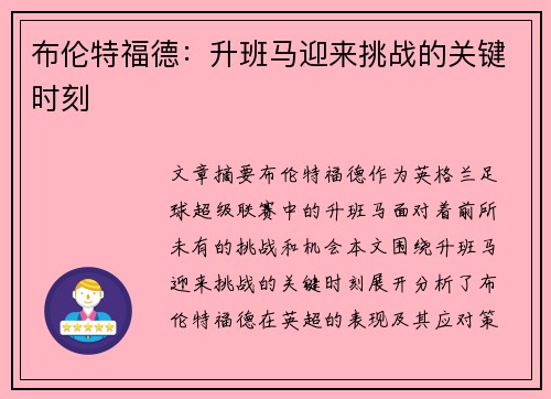 布伦特福德:升班马迎来挑战的关键时刻 布伦特福德:升班马迎来挑战的关键时刻